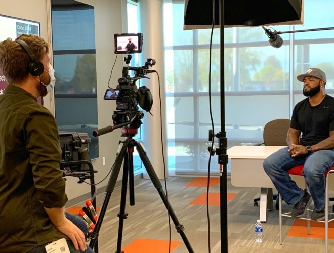 In-person filming with virtual interviewer