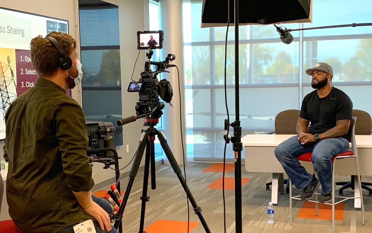 In-person filming with virtual interviewer